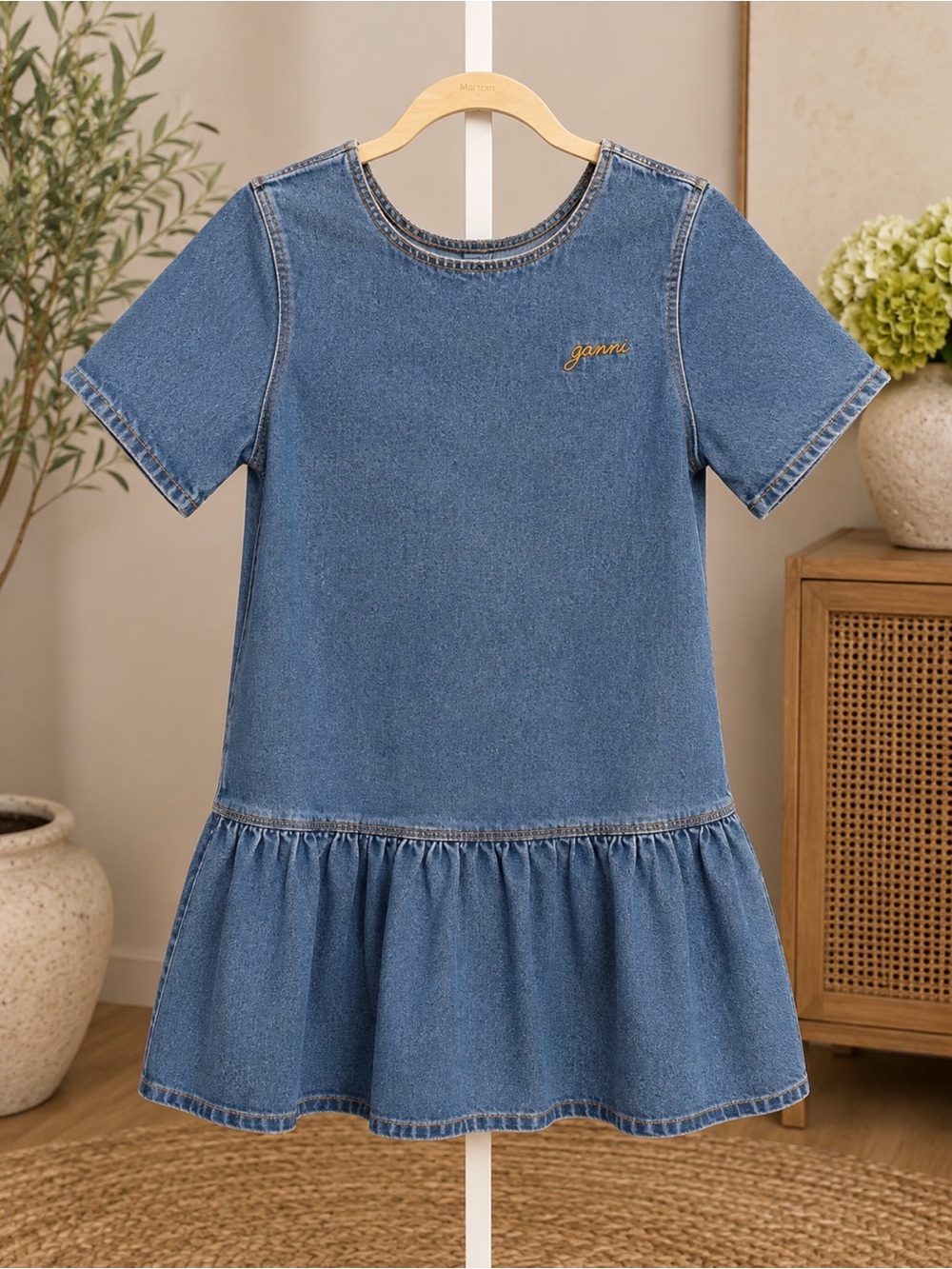 GANNI J1525 Mid Blue Stone Denim Open Back Drop Waist Mini Dress NWT S